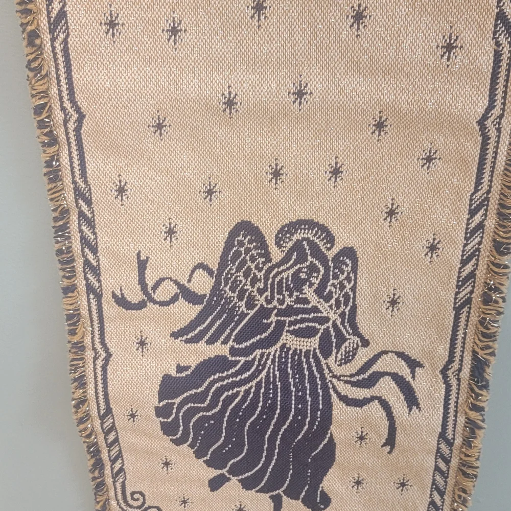 Vintage Table‎ Tapestry Runner Angel Holiday Seasonal Fringe Size 12Wx72L